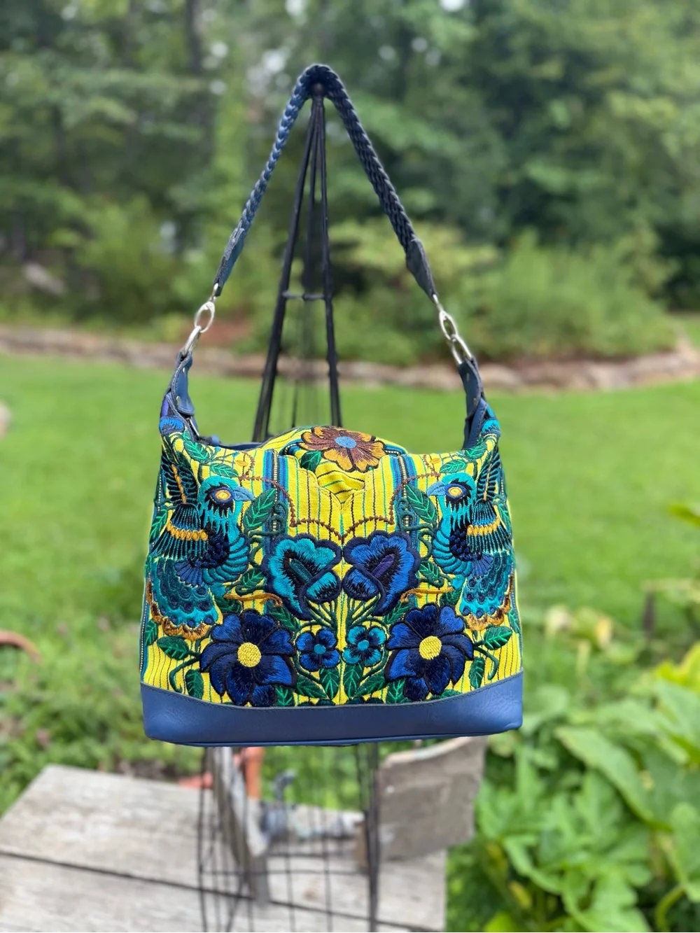 Embroidered Floral Shoulder Bag - Blue & Yellow